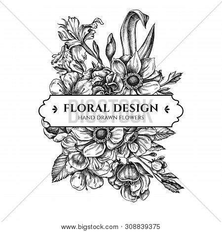 Floral Bouquet Design With Black And White Anemone, Iris Japonica, Sakura Stock Illustration