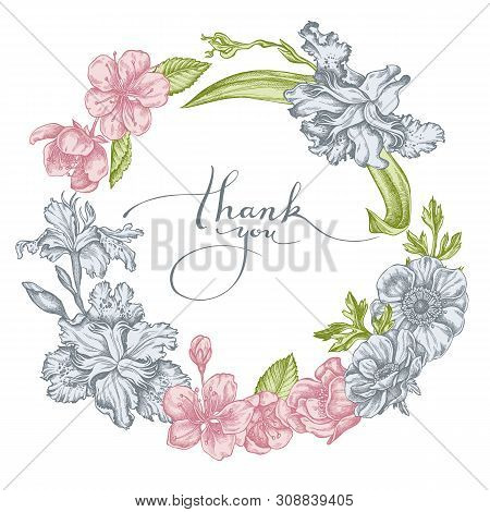Floral Wreath Of Pastel Anemone, Iris Japonica, Sakura Stock Illustration