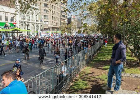 Student Protest In Santiago, Chile, March, 17, 2015: A View From The Crash Barrier, Students Take To