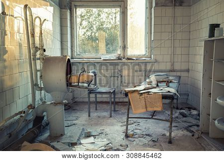 Ukraine, Pripyat - August 19, 2017: Abandoned Broken Equipment In Medical Sanitary Unit Number 126