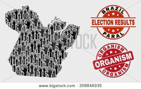 Political Paral State Map And Stamps. Red Rounded Organism Distress Seal Stamp. Black Paral State Ma