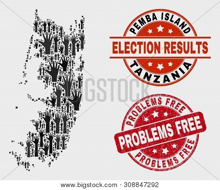 Ballot Pemba Island Map And Seal Stamps. Red Rounded Problems Free Scratched Seal Stamp. Black Pemba