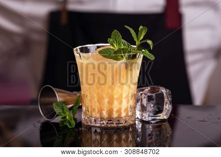 Barmen Is Making Batida Cocktail Drink With Mint Making By Bartender
