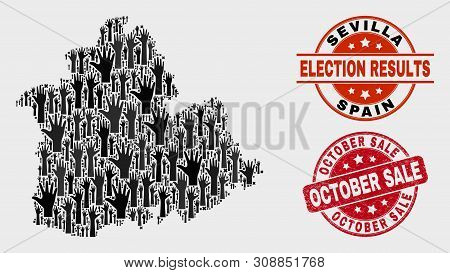 Poll Sevilla Province Map And Seal Stamps. Red Rounded October Sale Grunge Seal. Black Sevilla Provi