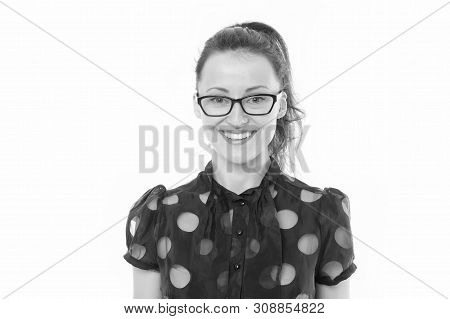How Can I Help You. Woman Smiling Face Wear Eyeglasses White Background. Girl Formal Style Clothes G