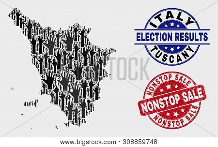 Election Tuscany Region Map And Seals. Red Round Nonstop Sale Scratched Stamp. Black Tuscany Region 