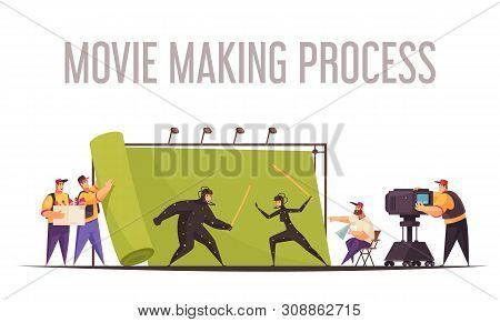Movie Making Process Flat Cartoon Composition With Film Director And Camera Operator Shooting Fighti