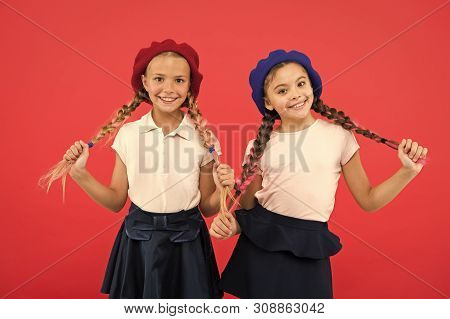 Schoolgirls French Little Kids Smiling Face Posing Hat Red Background. How To Wear French Beret. Ber
