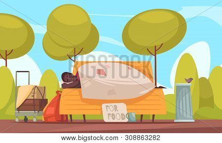 Poor Homeless Man Sleeps Outdoor On Bench With Beggars Cup Asking Money For Food Flat Banner Vector 