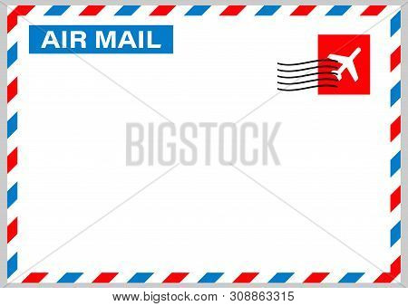 Air Mail Envelope With Postal Stamp Isolated On White Background. Vector Stock Illustration.