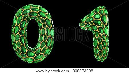 Number set 0, 1 made of 3d render diamond shards green color. Collection of number isolated on black