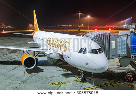 Prague, Czech Republic - November 2, 2012. Airplane Holidays By Csa Waiting At Night For Boarding Pa