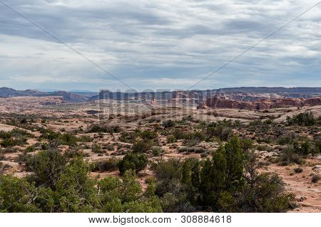 Outlook Onto Arches National Park, Along The Senic Drive.