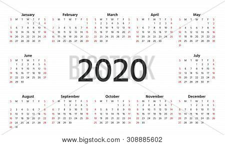 Calendar2020. Vector. Stationery 2020 Year Horizontal Template. Week Starts Sunday In Minimal Simple