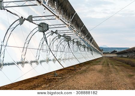 Logrosan, Extremadura, Spain - March 23, 2019: Detail Of The Concentrators And Solar Panels Of The S