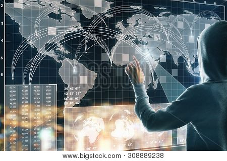Hacker Using Abstract Digital Map Interface On Blurry Background. Global Network And Criminal Concep