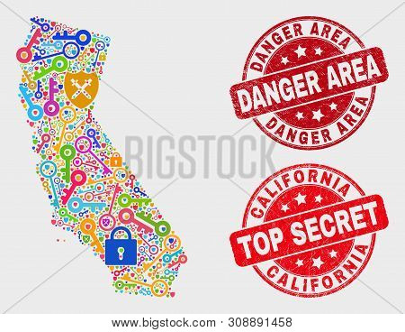 Key California State Map And Watermarks. Red Round Top Secret And Danger Area Textured Watermarks. B
