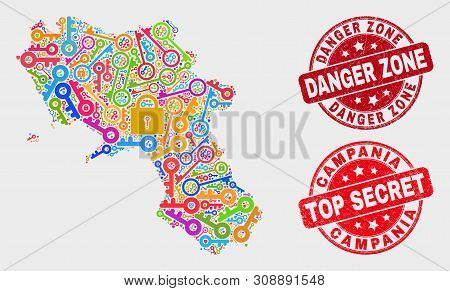 Privacy Campania Region Map And Seal Stamps. Red Rounded Top Secret And Danger Zone Textured Stamps.