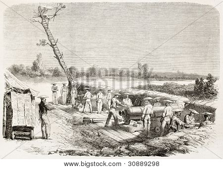 Franske cannon batteri i Indokina, gamle illustration. Lavet af Janet-Lange, offentliggjort på L'Illus