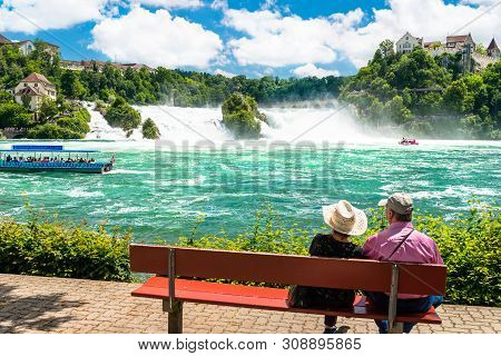 Neuhausen Am Rheinfall, Switzerland - 23 July 2019. Waterfall On The River Rhine In The City Neuhaus