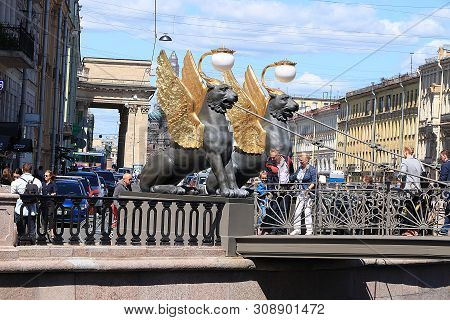 Russia, Petersburg, June 29, 2019. Winged Lions On The Bank Bridge. Griffins On The Bank Bridge On T