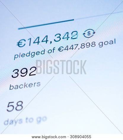 Generic Digital Screen Display Featuring Crowdfunding Project With Fast Changing Sum Of Money Pledge