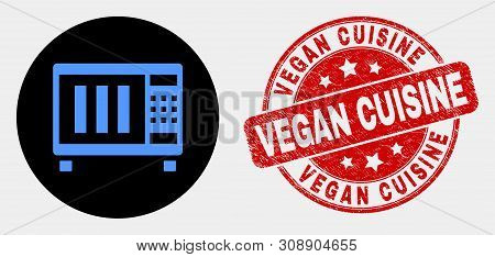 Rounded Microwave Oven Pictogram And Vegan Cuisine Seal Stamp. Red Rounded Textured Seal With Vegan 