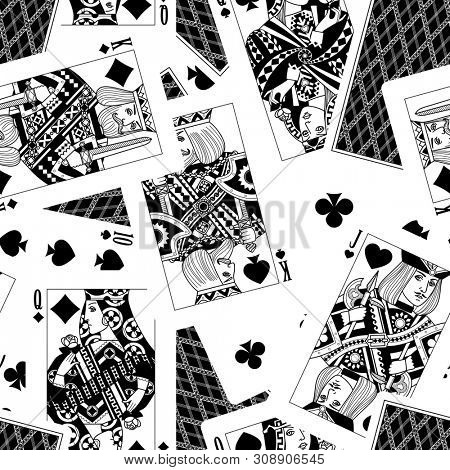 Playing cards seamless pattern background in black and white colors. Original design in flat style