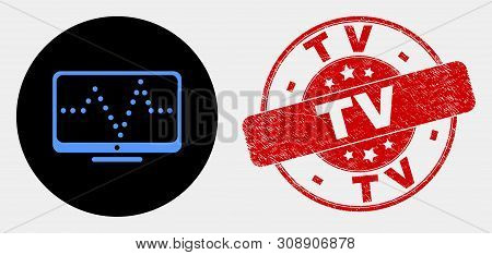 Rounded Online Dotted Chart Icon And Tv Seal Stamp. Red Round Distress Seal Stamp With Tv Text. Blue