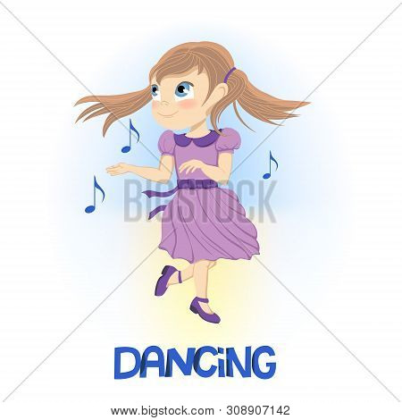 Happy Little Girl In Purple Dress Dancing Near Floating Musical Notes Over Blue And Yellow Gradient 