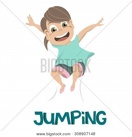 Drawing Of Smiling Young Girl In Light Blue Shirt Leaping Into The Air Over Jumping In Dark Blue Tex