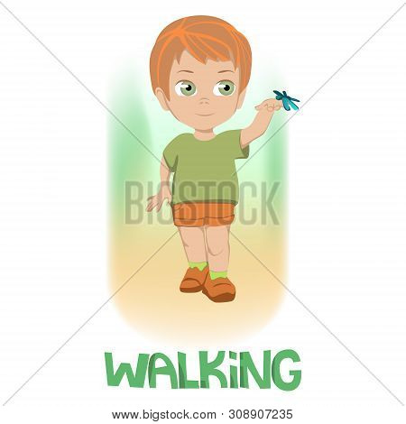 Drawing Of Boy In Green Shirt And Orange Shorts Over Green And Orange Gradient Above Walking In Capi