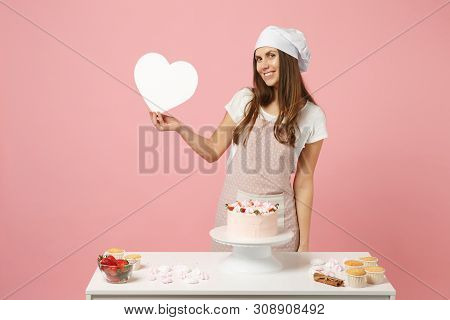 Chef Cook Confectioner Or Baker In Apron White T-shirt, Toque Chefs Hat Cooking Cake Or Cupcake At T