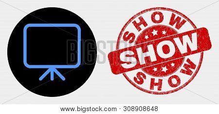 Rounded Banner Board Icon And Show Stamp. Red Rounded Textured Seal Stamp With Show Text. Blue Banne
