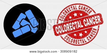 Rounded Medical Pills Pictogram And Colorectal Cancer Seal Stamp. Red Rounded Textured Seal Stamp Wi