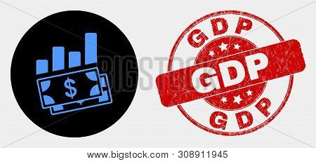 Rounded Financial Charts Icon And Gdp Seal Stamp. Red Rounded Textured Stamp With Gdp Caption. Blue 