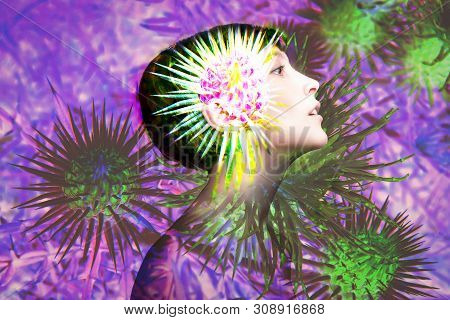 Double Exposure Made With Young Nude Beautiful Woman With Healthy Skin And Summer Flowers