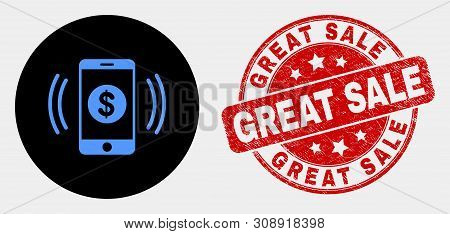 Rounded Financial Smartphone Vibration Icon And Great Sale Seal Stamp. Red Rounded Textured Seal Wit