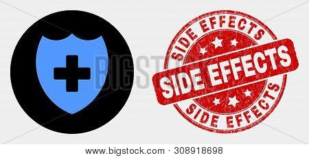 Rounded Medical Shield Pictogram And Side Effects Watermark. Red Rounded Distress Watermark With Sid