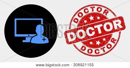 Rounded Online Doctor Icon And Doctor Seal Stamp. Red Rounded Scratched Seal Stamp With Doctor Capti