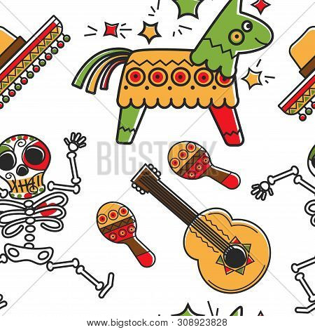 Skeleton And Guitar Maracas And Sombrero Pinta Seamless Pattern
