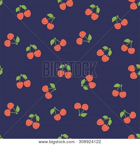 Kid's Seamless Pattern. Smiling Cherry. Fruit Fashion Print. Design Elements For Baby Textile Or Clo