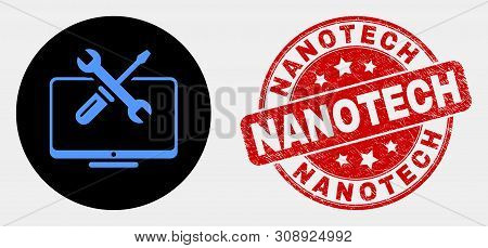 Rounded Desktop Tools Icon And Nanotech Seal Stamp. Red Rounded Distress Seal Stamp With Nanotech Te