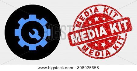 Rounded Setup Tools Icon And Media Kit Seal Stamp. Red Rounded Distress Seal Stamp With Media Kit Ca