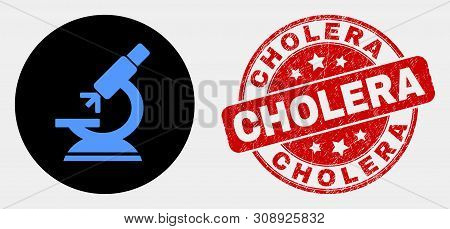 Rounded Microscope Icon And Cholera Seal Stamp. Red Rounded Distress Stamp With Cholera Text. Blue M