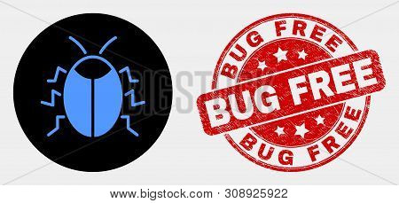 Rounded Bug Icon And Bug Free Seal Stamp. Red Rounded Grunge Stamp With Bug Free Caption. Blue Bug I
