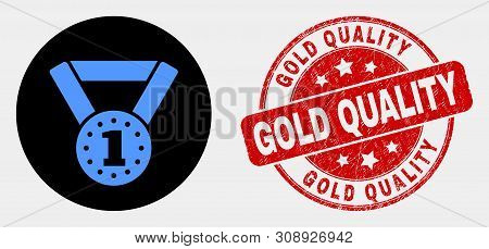 Rounded Gold Medal Icon And Gold Quality Seal Stamp. Red Rounded Textured Seal Stamp With Gold Quali