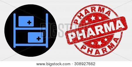 Rounded Medical Goods Icon And Pharma Seal. Red Rounded Grunge Seal Stamp With Pharma Caption. Blue 