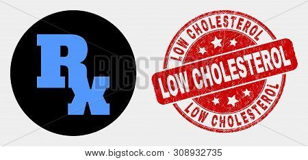 Rounded Rx Symbol Icon And Low Cholesterol Watermark. Red Rounded Grunge Watermark With Low Choleste