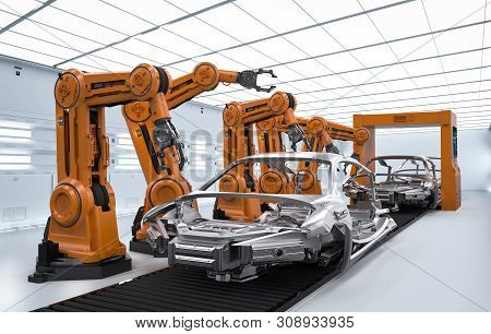 Automation Aumobile Factory Concept With 3d Rendering Robot Assembly Line In Car Factory